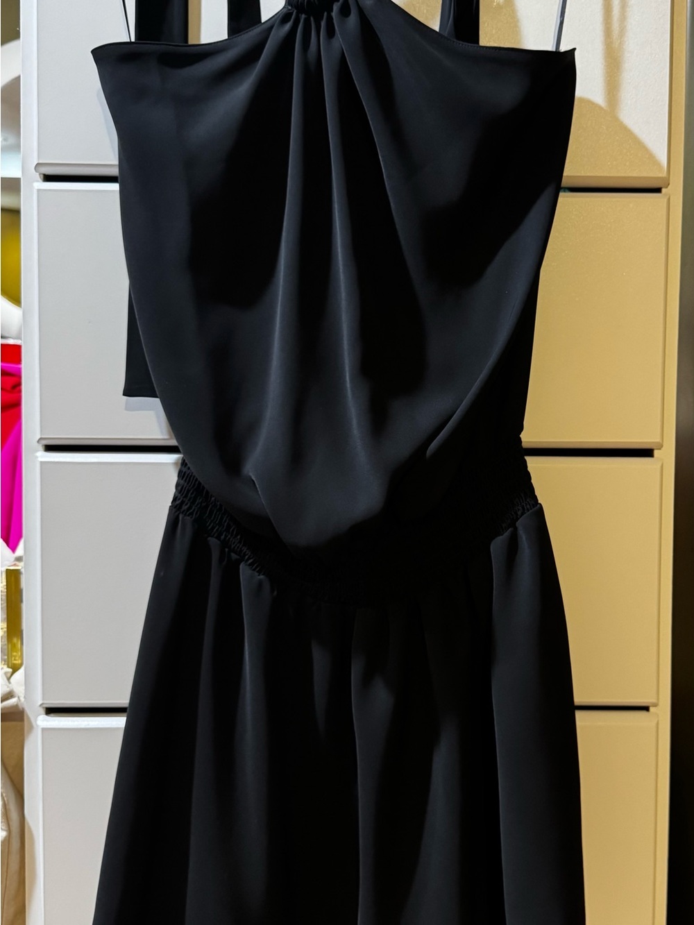 Amanda Uprichard Black Backless Draped Halter Midi Dress